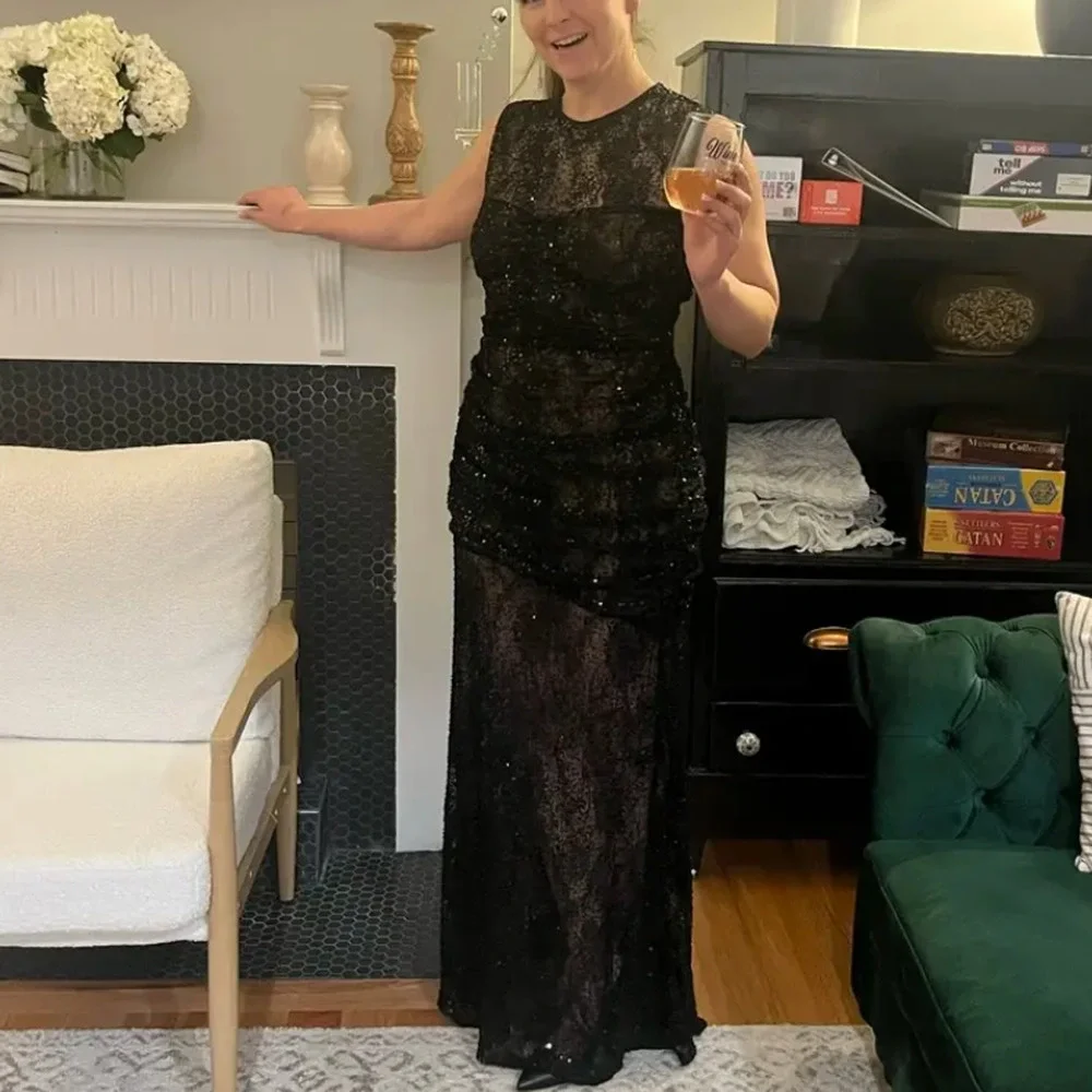 Aknvas Black Sequin Gown Size 6 Formal Luxury Sheer Ruched Flattering $1000 - Picture 8 of 13